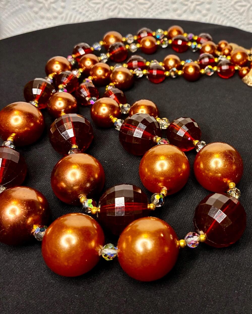 Vintage Multi Strand Necklace: Acrylic Faceted Beads, Topaz Rust Pearls